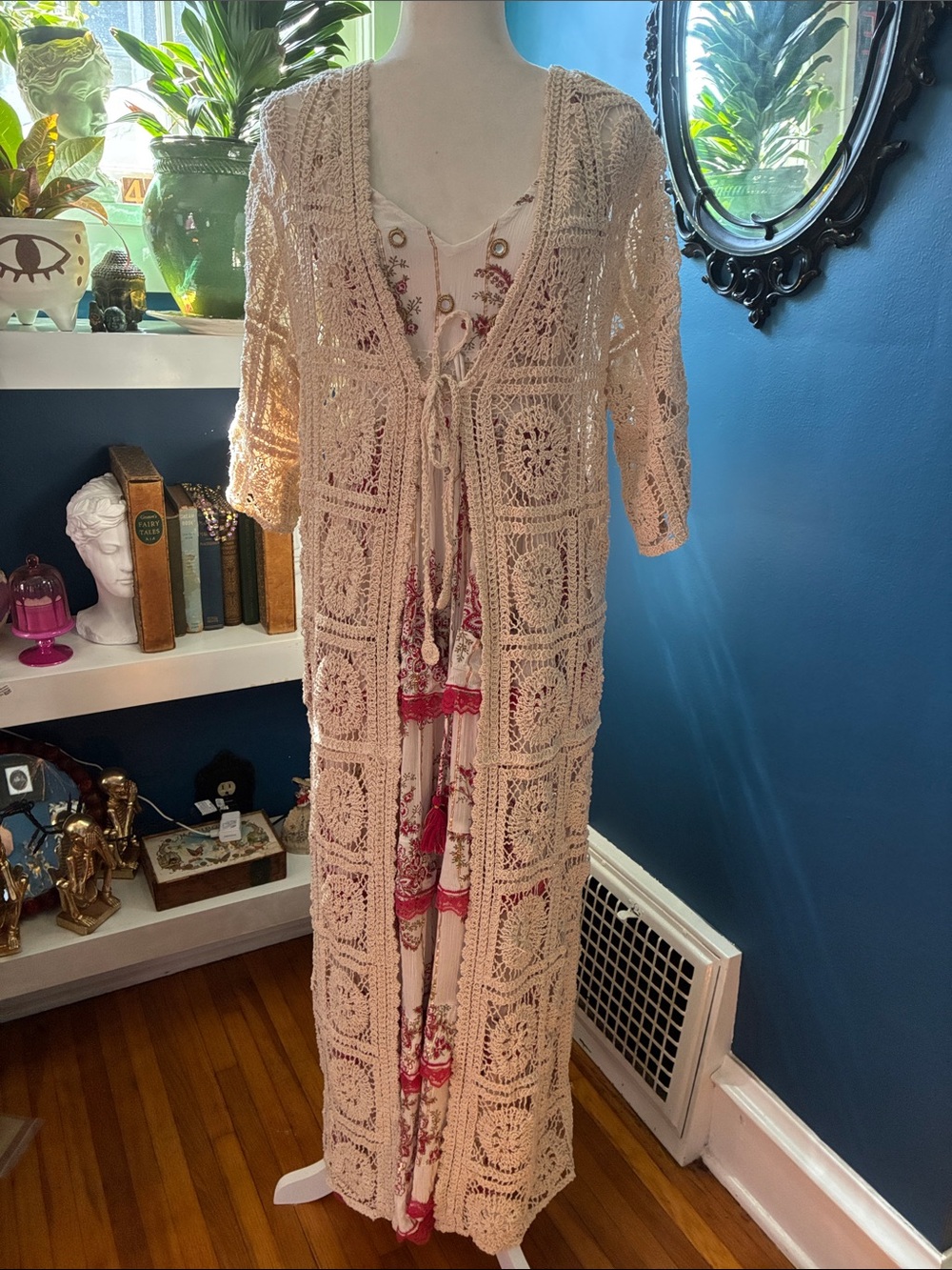 POL Crochet Maxi Duster Cardigan in Cream
